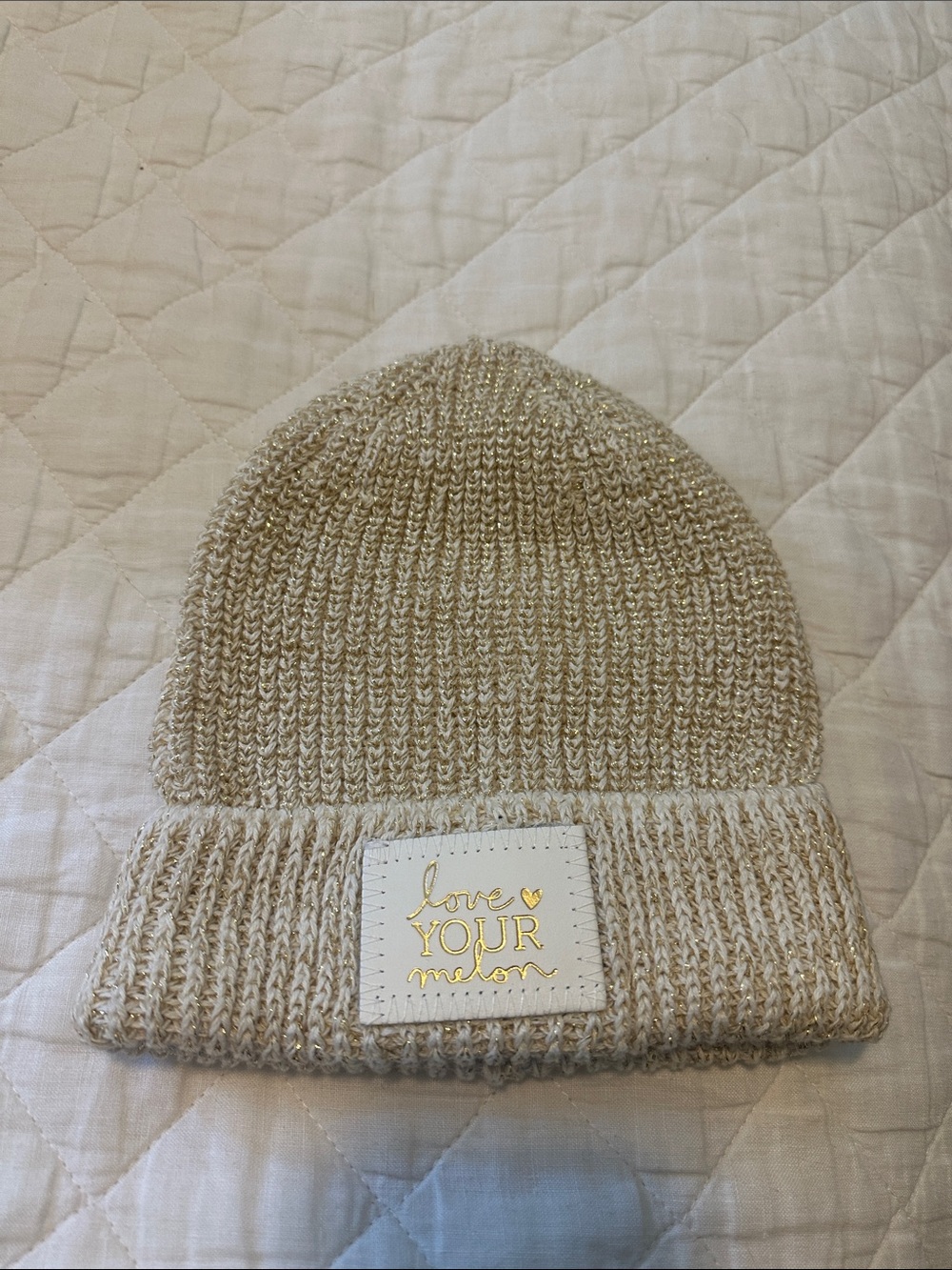Love Your Melon Cream Knit Beanie with Gold Logo